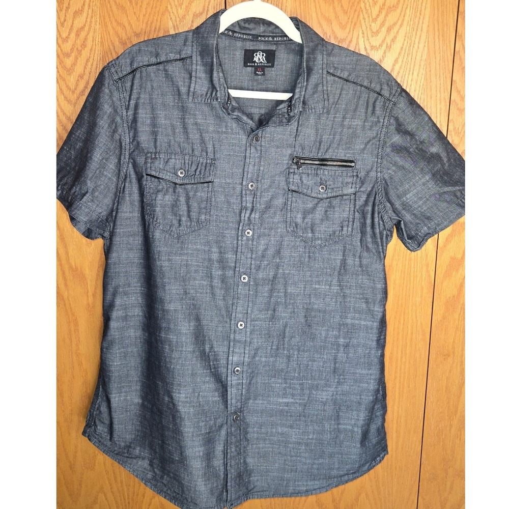 Rock & Republic Mens XL Gray Short Sleeve Button Down Shirt Faux Leather Trim